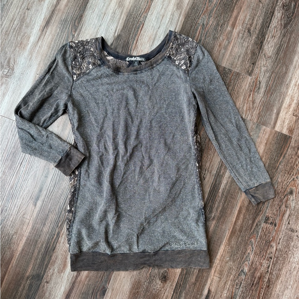 Crash & Burn Gray Lace Accent Top